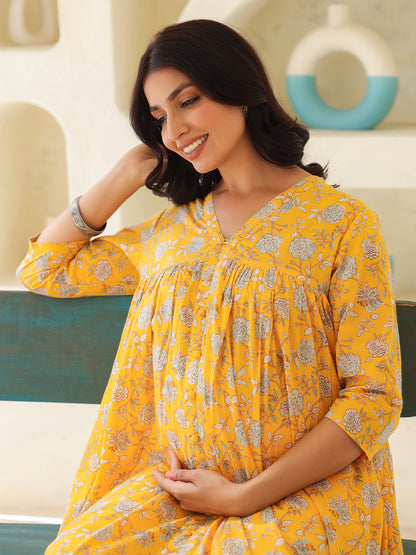 Yellow Pure Cotton Floral Printed Empire Maternity Kurta