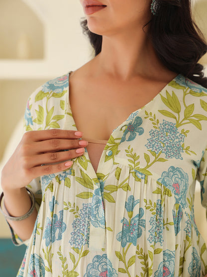 Off White Pure Cotton Floral Printed A-line Maternity Kurta