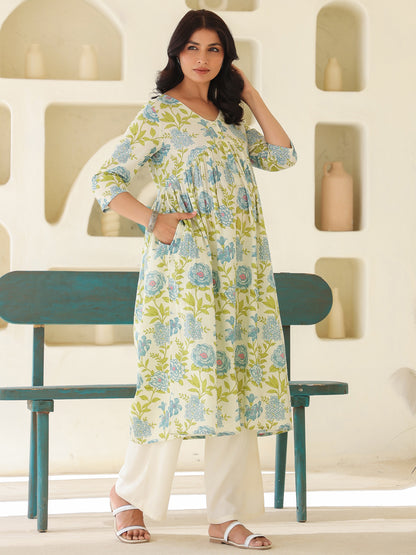 Off White Pure Cotton Floral Printed A-line Maternity Kurta