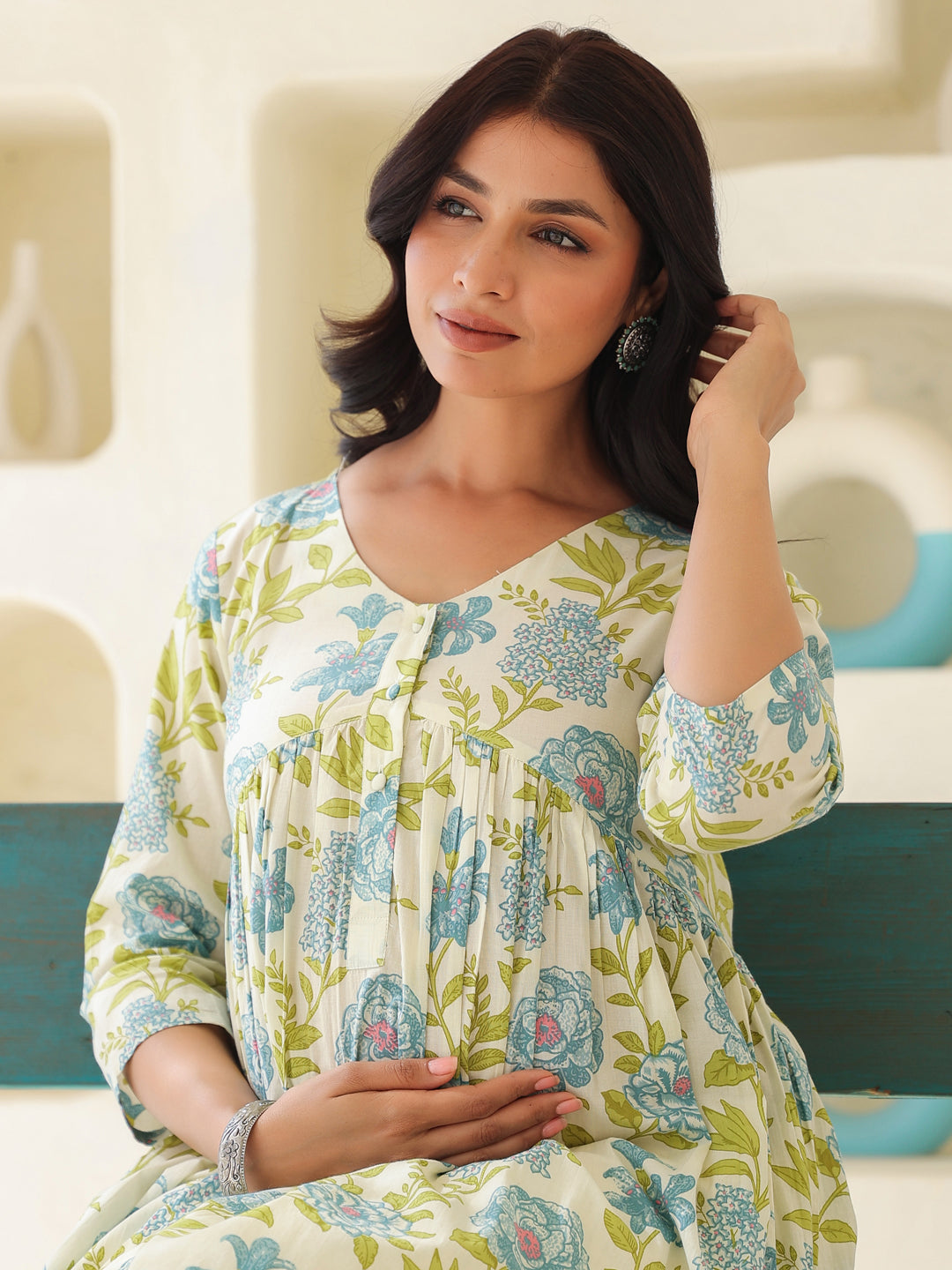 Off White Pure Cotton Floral Printed A-line Maternity Kurta