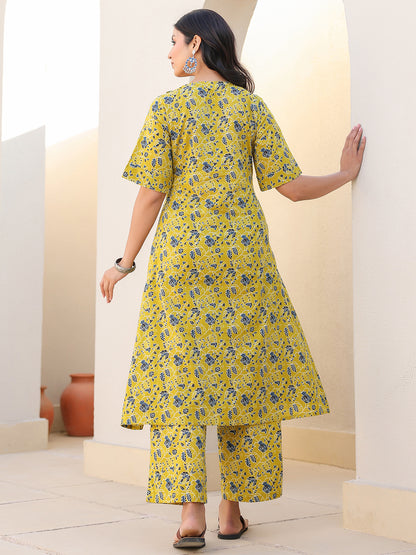 Lime Pure Cotton Floral Printed A-line Maternity Co-ord Set