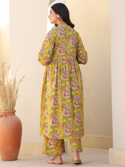 Maternity Women's Mustard Pure Cotton Floral Printed A-line Kurta Set
