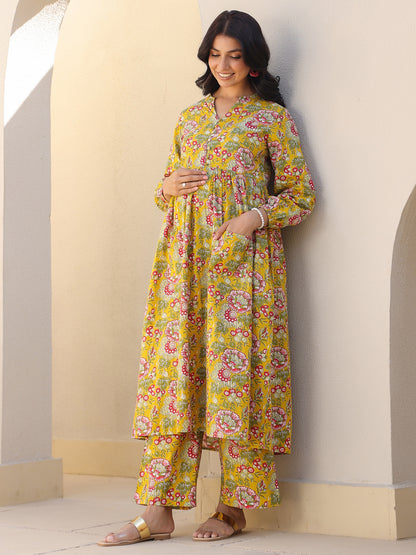 Maternity Women's Mustard Pure Cotton Floral Printed A-line Kurta Set
