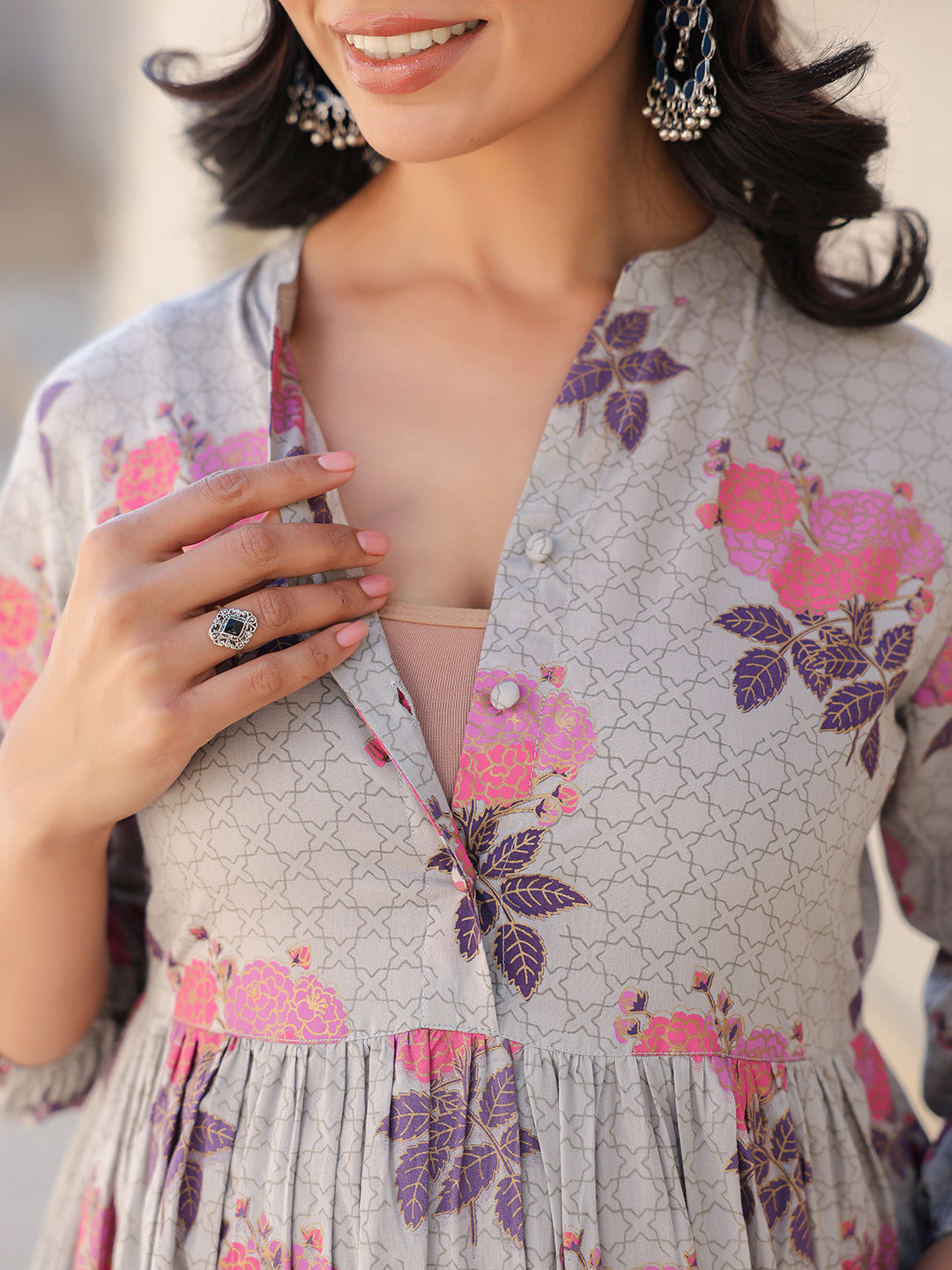 Green Pure Cotton Foil Printed Flared Maternity Kurta Set