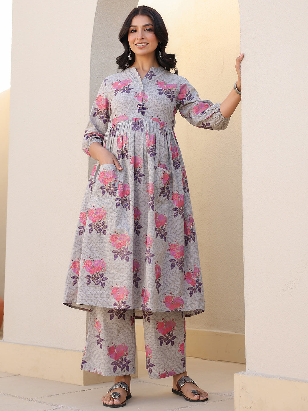 Green Pure Cotton Foil Printed Flared Maternity Kurta Set