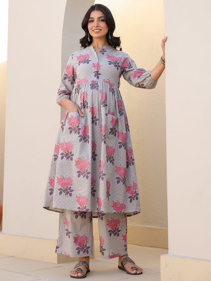 Green Pure Cotton Foil Printed Flared Maternity Kurta Set