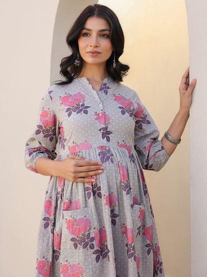 Green Pure Cotton Foil Printed Flared Maternity Kurta Set