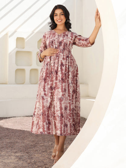 Mauve Pure Cotton Tie-dye A-line Maternity Dress