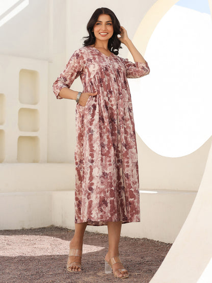 Mauve Pure Cotton Tie-dye A-line Maternity Dress
