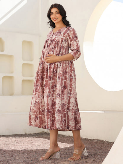 Mauve Pure Cotton Tie-dye A-line Maternity Dress
