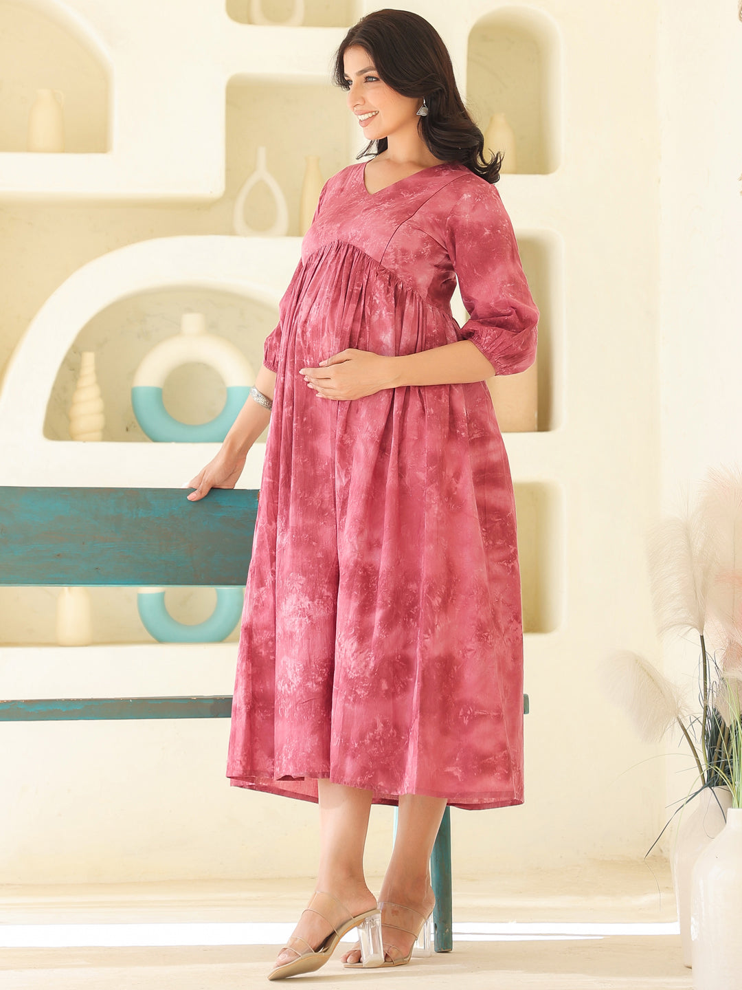 Mauve Pure Cotton Tie & Dye A-line Maternity Dress