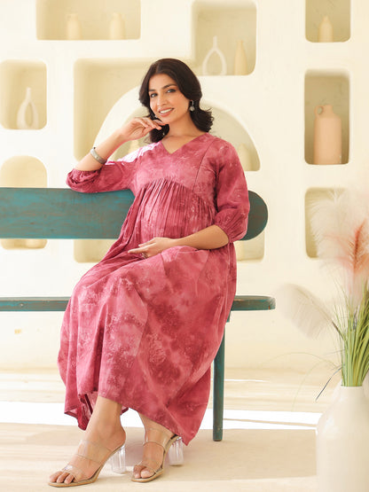 Mauve Pure Cotton Tie & Dye A-line Maternity Dress