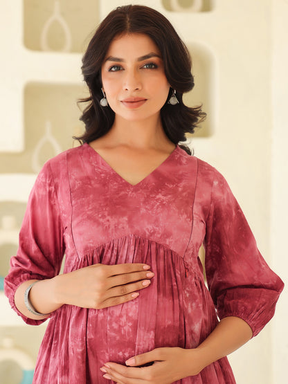 Mauve Pure Cotton Tie & Dye A-line Maternity Dress