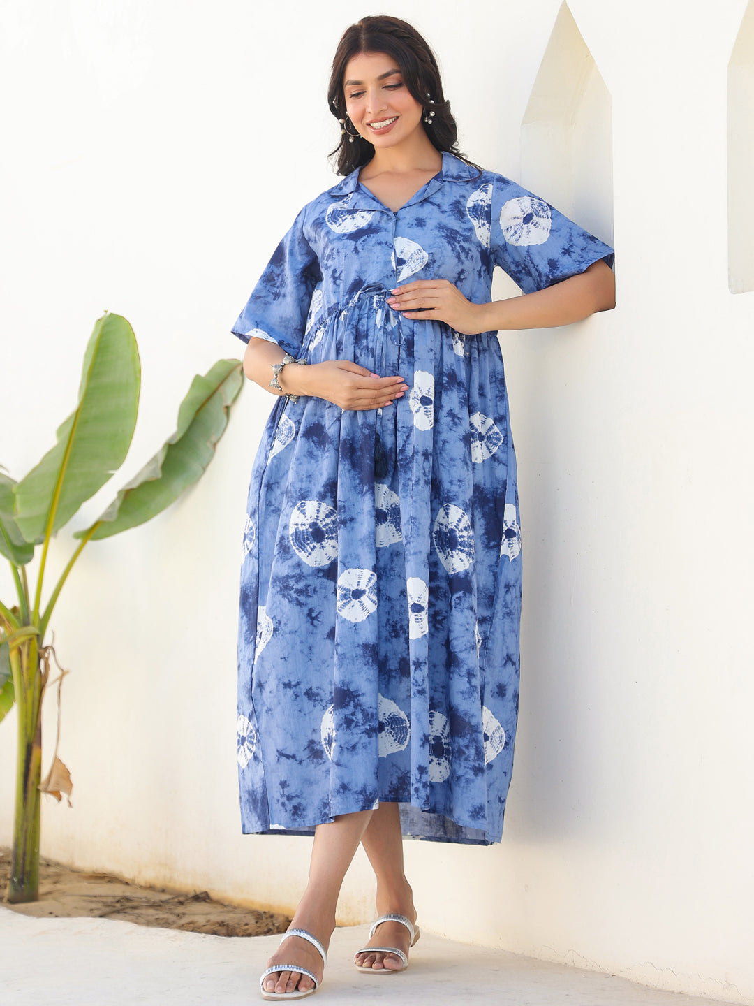 Blue Pure Cotton Tie & Dye Gathered Maternity Dress