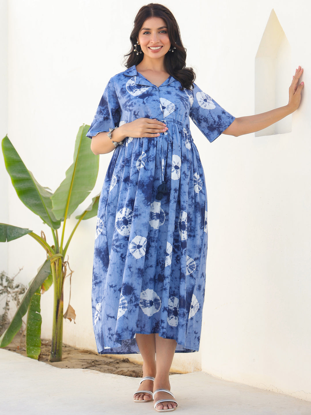 Blue Pure Cotton Tie & Dye Gathered Maternity Dress