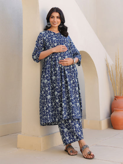 Indigo Pure Cotton Floral Printed Gathered Maternity Kurta Set