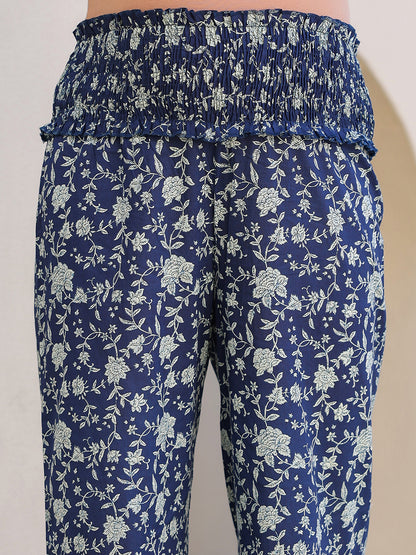 Indigo Pure Cotton Floral Printed Gathered Maternity Kurta Set