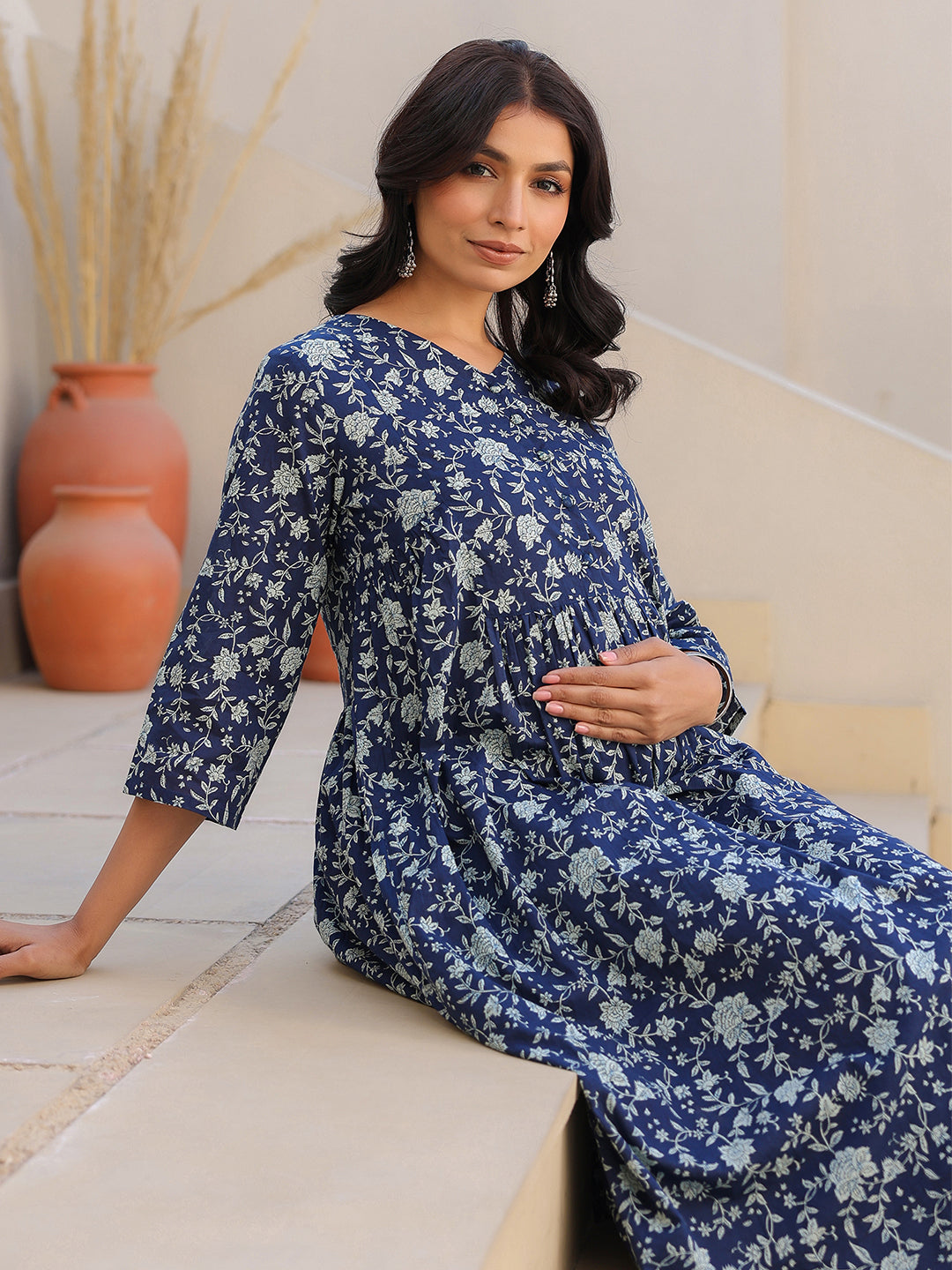 Indigo Pure Cotton Floral Printed Gathered Maternity Kurta Set