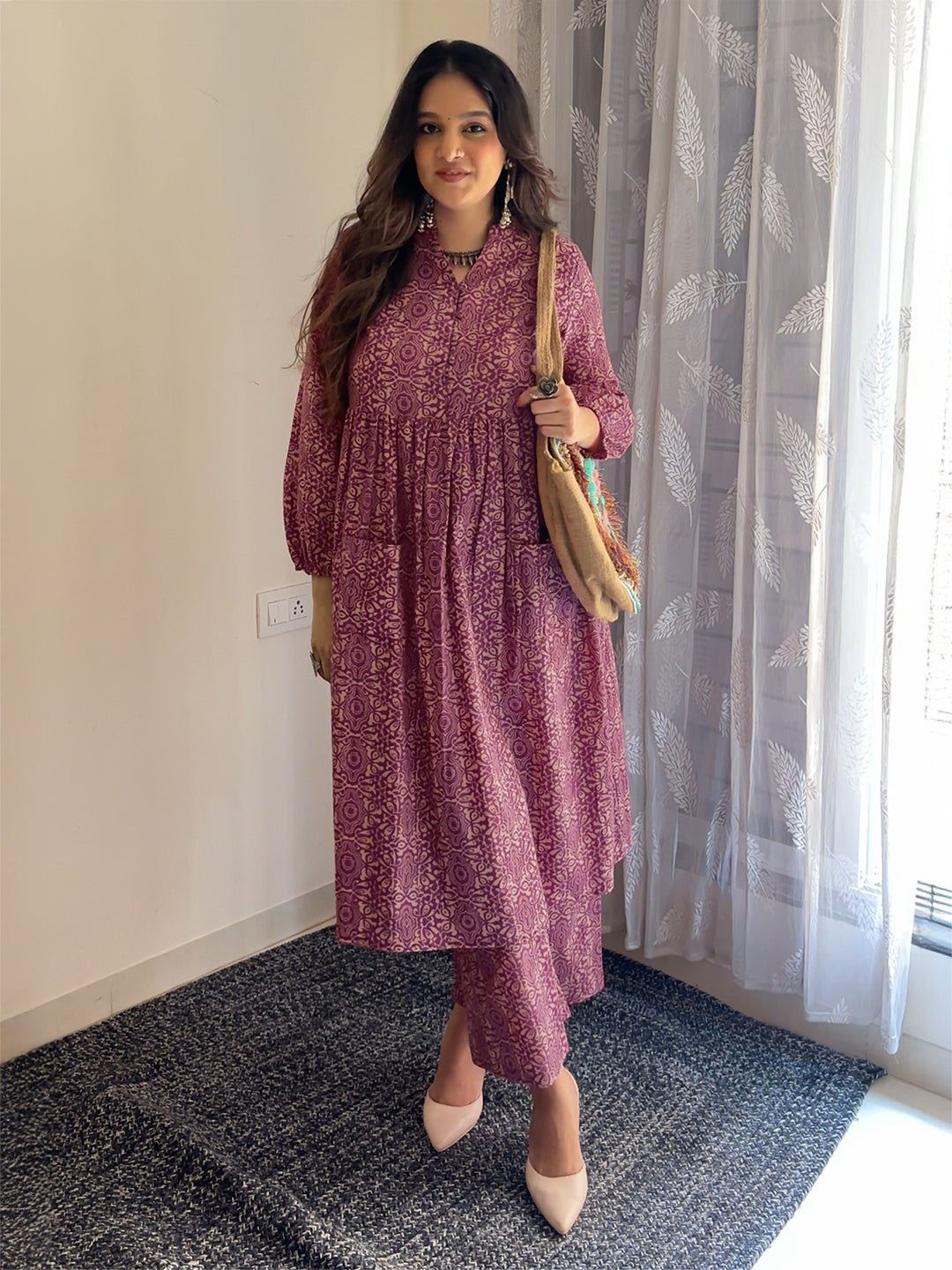 Magenta Pure Cotton Ethnic Motifs A-line Maternity Kurta Set