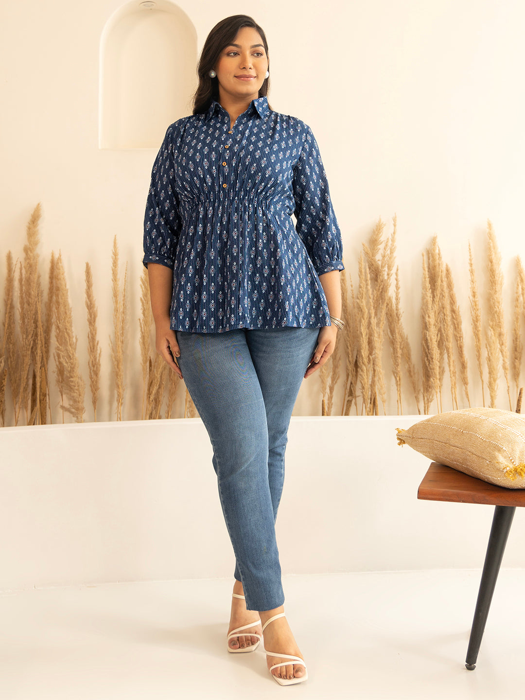 Dark Blue Cotton Ethnic Motifs A-Line Top