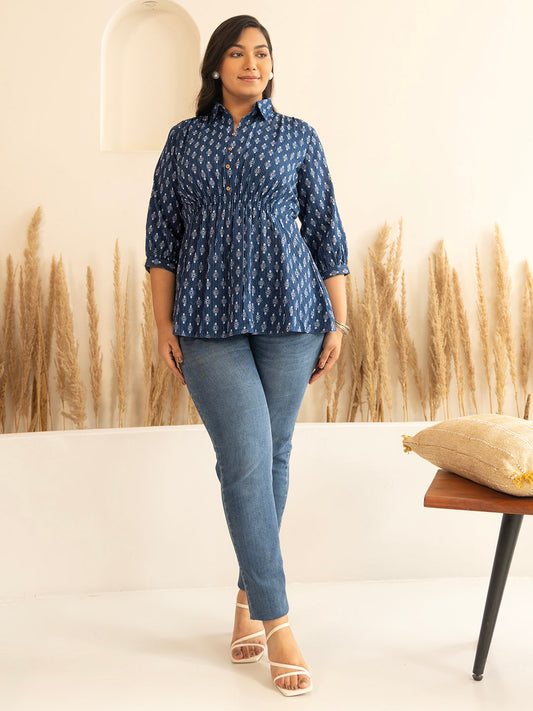 Dark Blue Cotton Ethnic Motifs A-Line Top