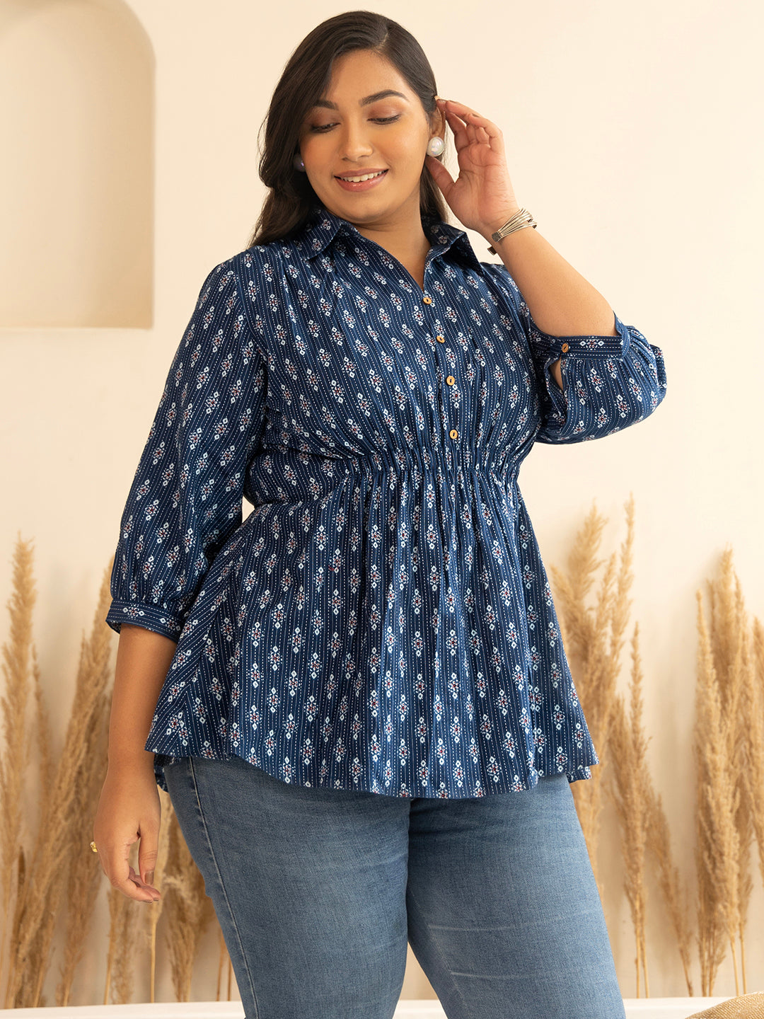 Dark Blue Cotton Ethnic Motifs A-Line Top