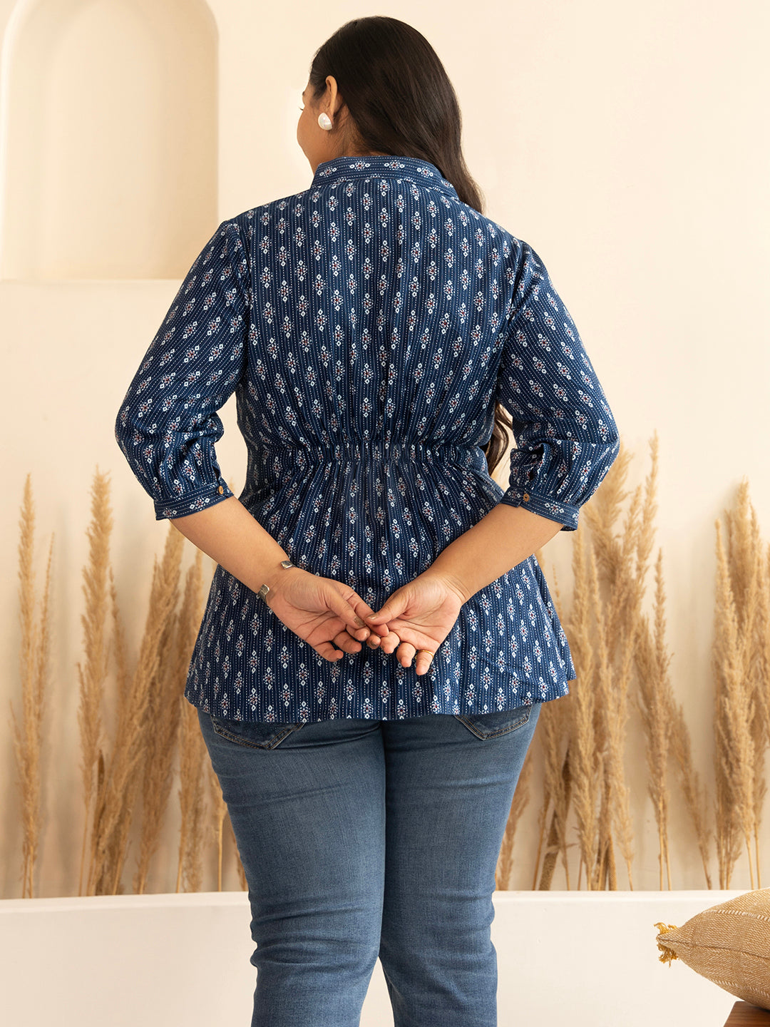 Dark Blue Cotton Ethnic Motifs A-Line Top