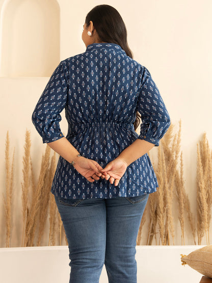 Dark Blue Cotton Ethnic Motifs A-Line Top