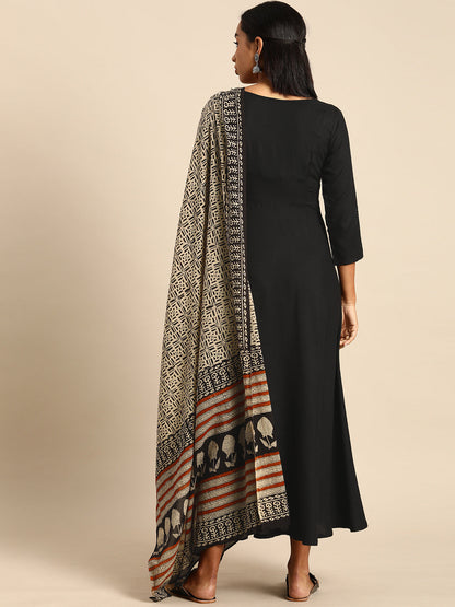 Black Rayon Solid Kurta with Dupatta Janasya