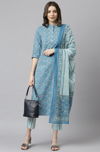 Blue Cotton Floral Print Kurta with Pant and Dupatta Janasya