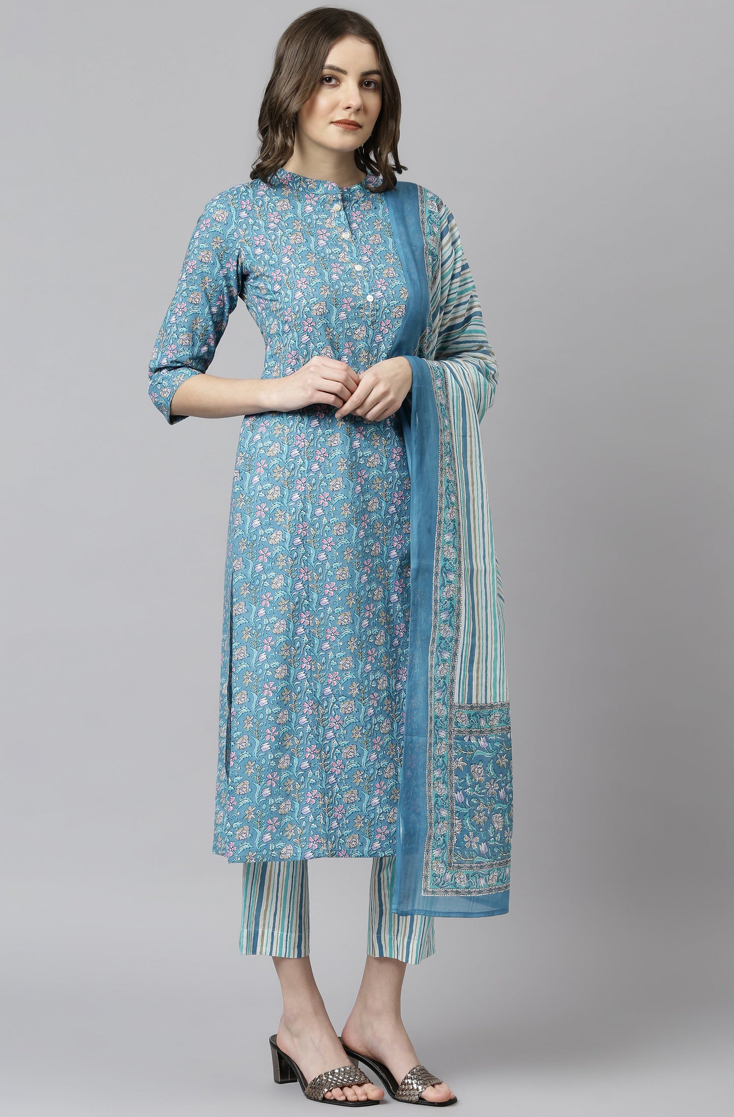 Blue Cotton Floral Print Kurta with Pant and Dupatta Janasya