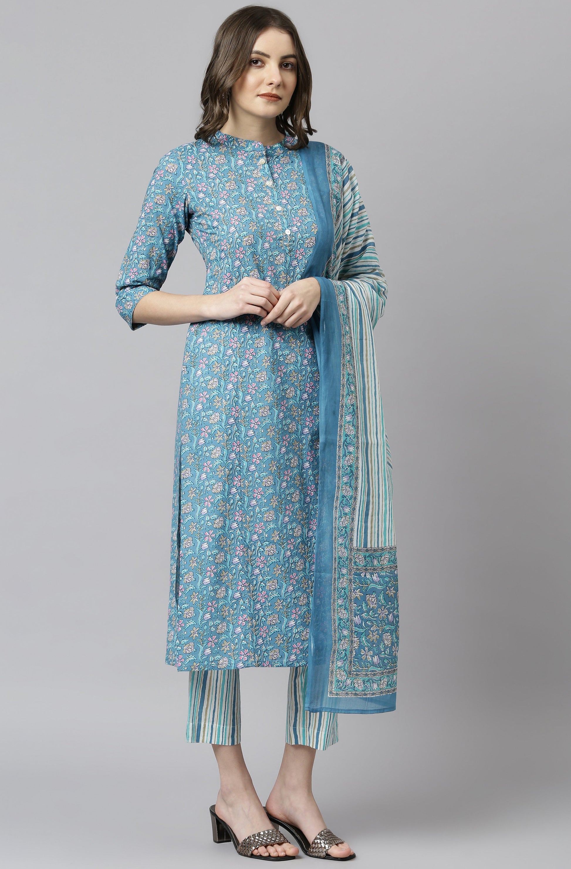 Blue Cotton Floral Print Kurta with Pant and Dupatta Janasya