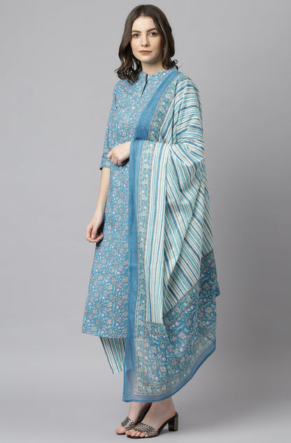 Blue Cotton Floral Print Kurta with Pant and Dupatta Janasya