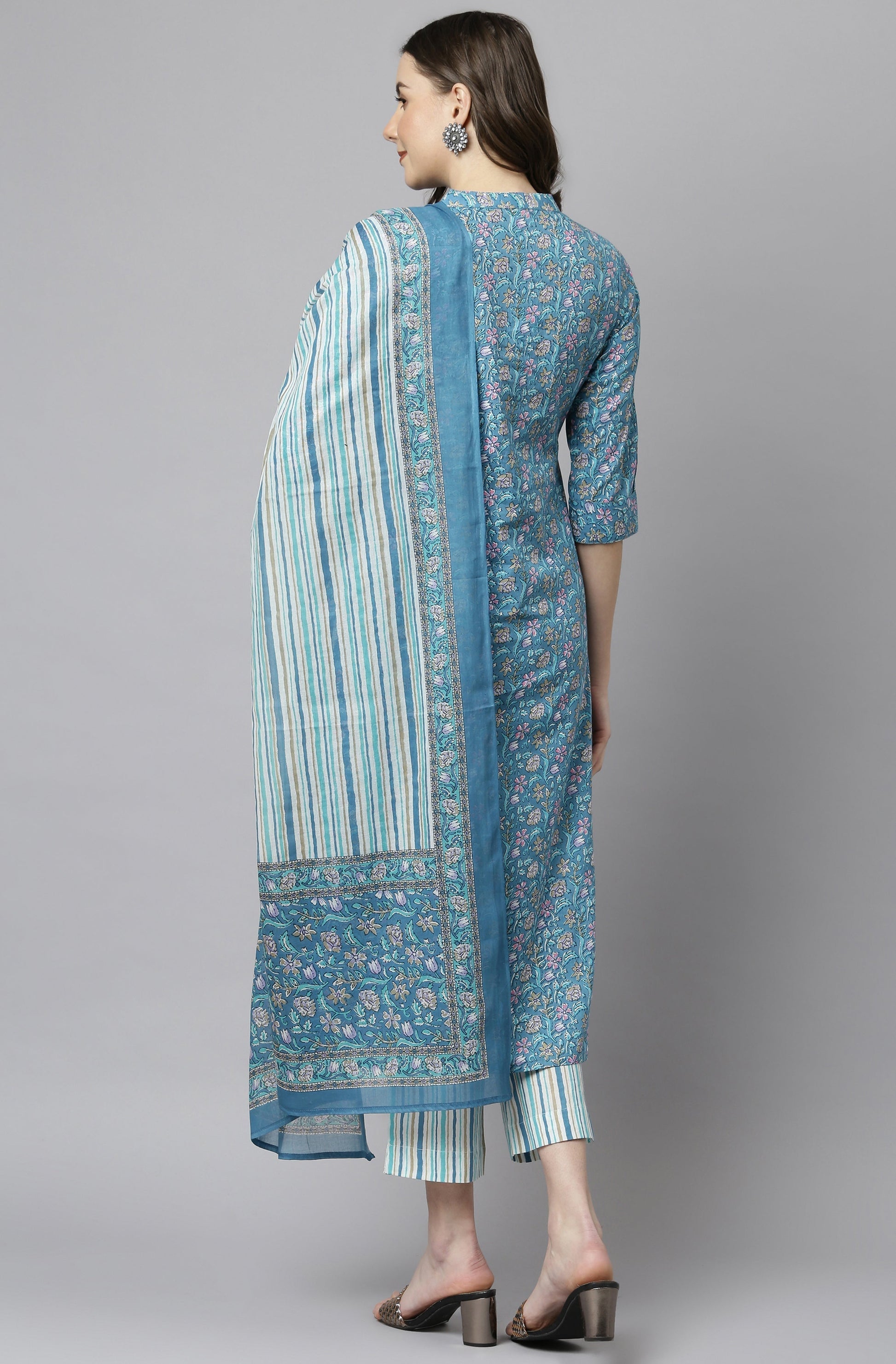 Blue Cotton Floral Print Kurta with Pant and Dupatta Janasya