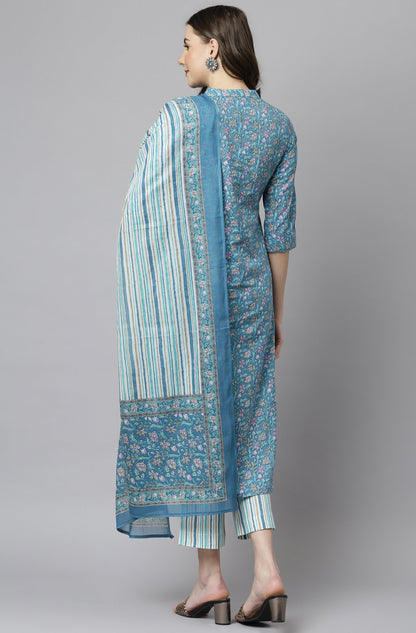 Blue Cotton Floral Print Kurta with Pant and Dupatta Janasya