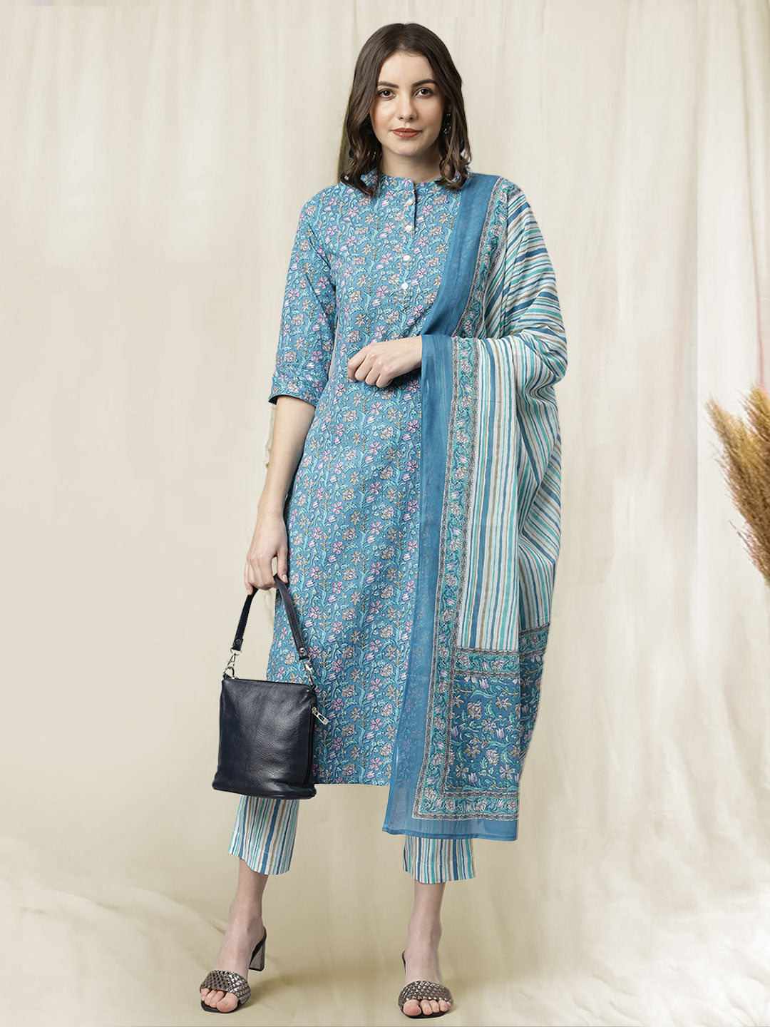 Blue Cotton Floral Print Kurta with Pant and Dupatta Janasya