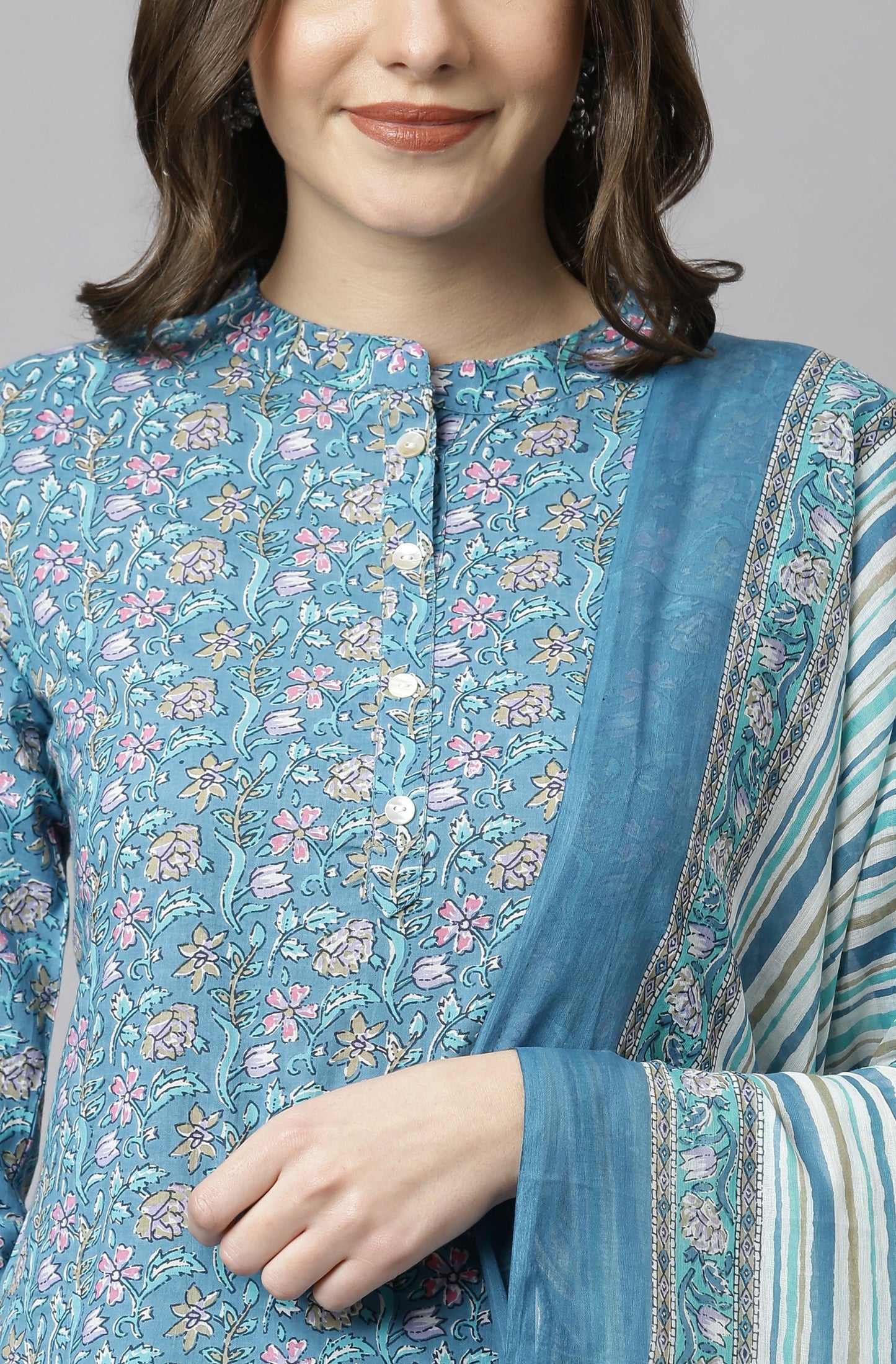 Blue Cotton Floral Print Kurta with Pant and Dupatta Janasya
