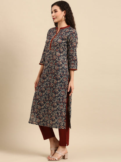 Teal Blue Cotton Floral Print Kurta with Pant and Dupatta Janasya