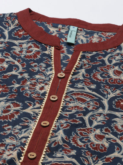 Teal Blue Cotton Floral Print Kurta with Pant and Dupatta Janasya