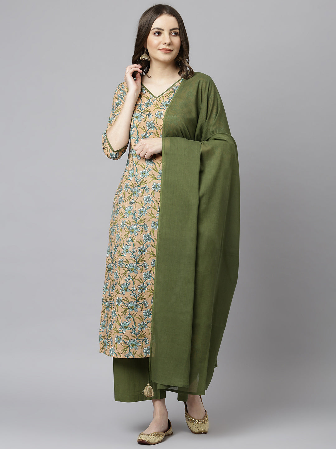 Peach Cotton Floral Print Kurta with Palazzo and Dupatta Janasya