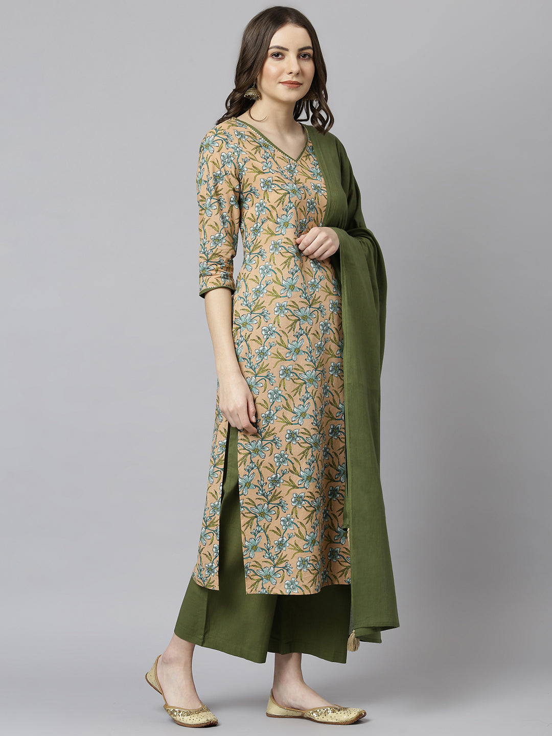 Peach Cotton Floral Print Kurta with Palazzo and Dupatta Janasya