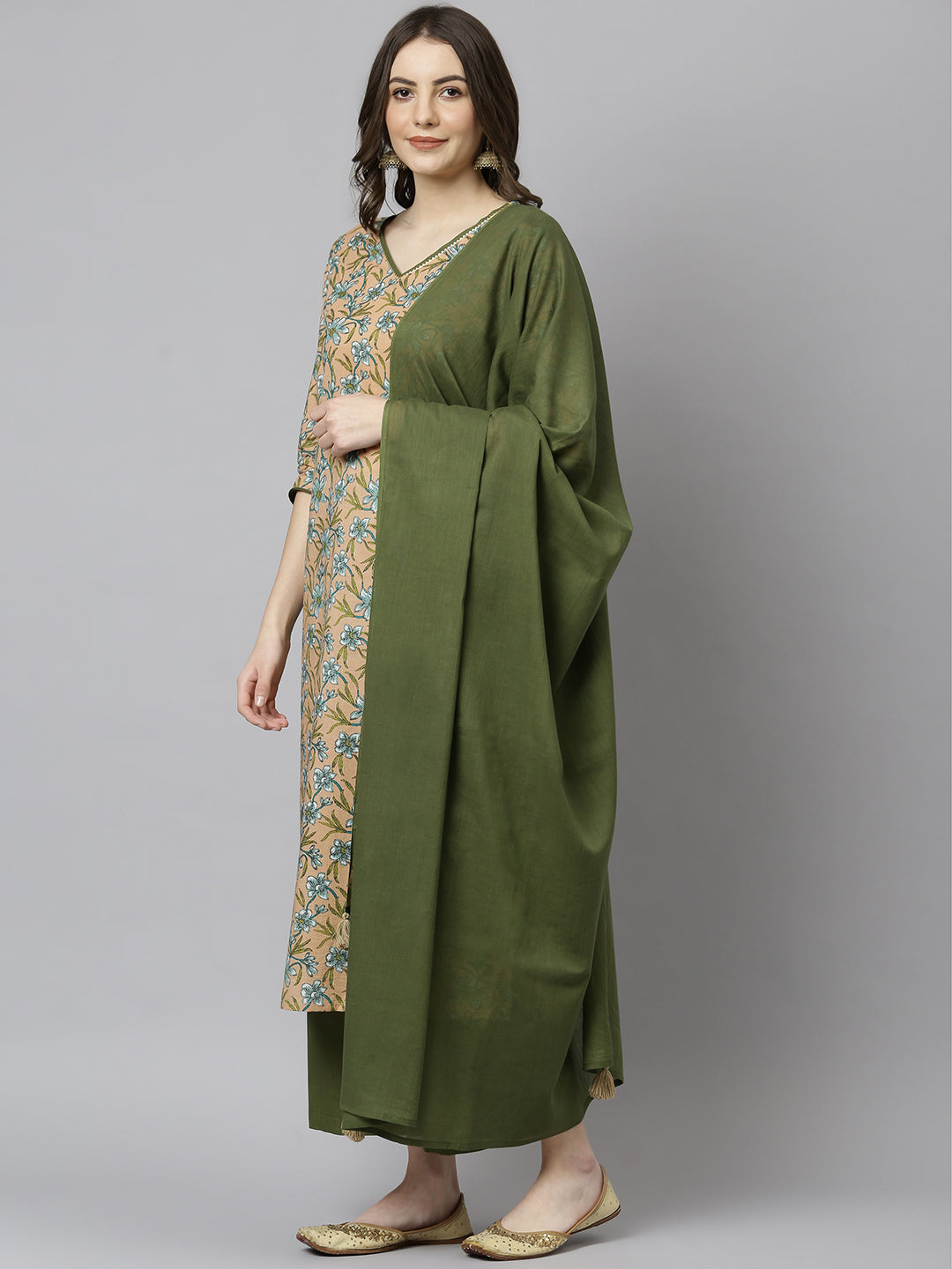 Peach Cotton Floral Print Kurta with Palazzo and Dupatta Janasya