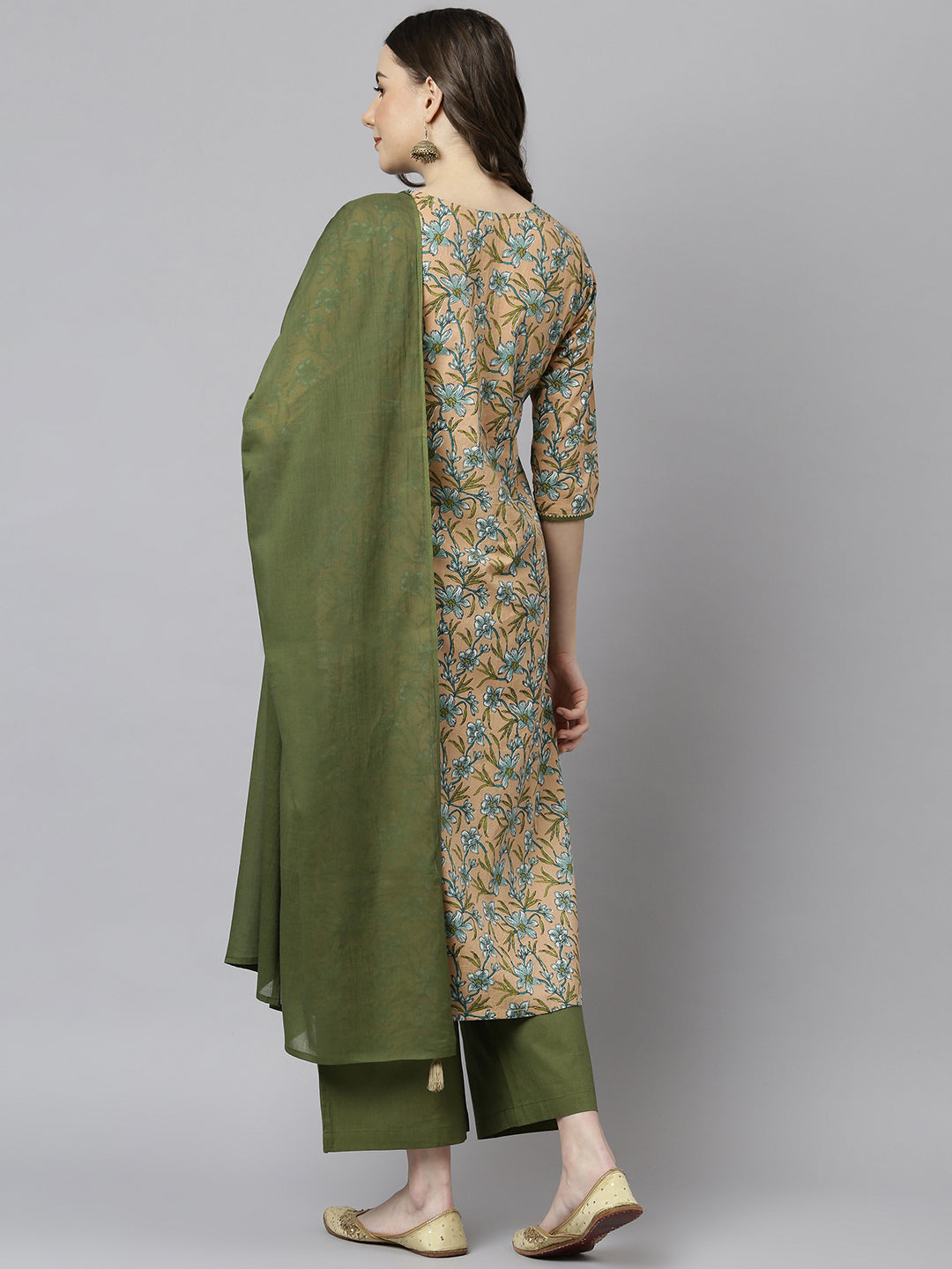 Peach Cotton Floral Print Kurta with Palazzo and Dupatta Janasya