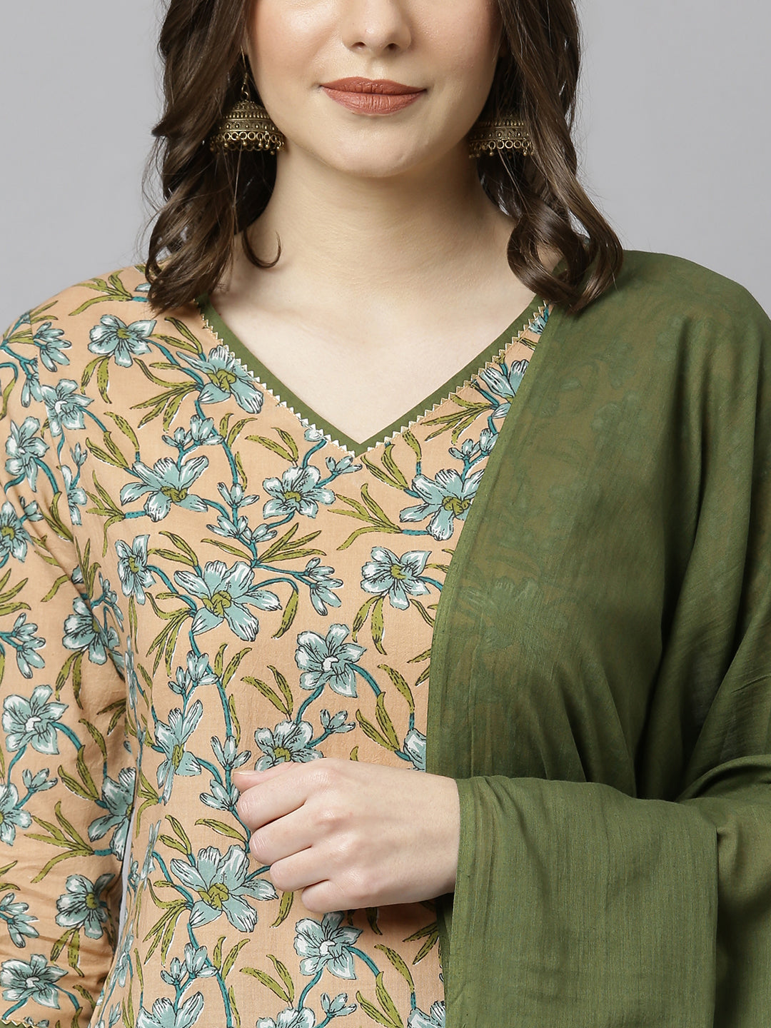 Peach Cotton Floral Print Kurta with Palazzo and Dupatta Janasya