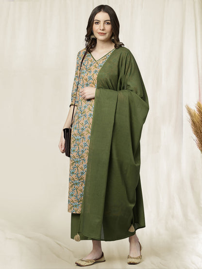 Peach Cotton Floral Print Kurta with Palazzo and Dupatta Janasya