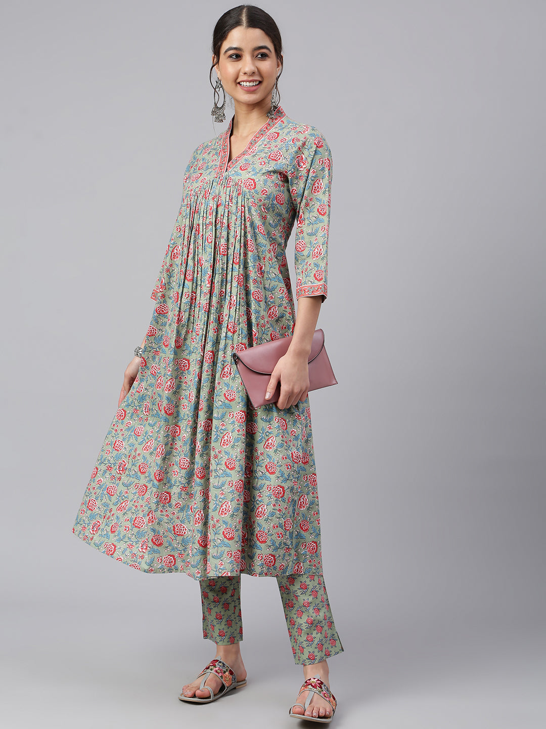 Sea Green Cotton Floral Print Kurta with Pant Janasya
