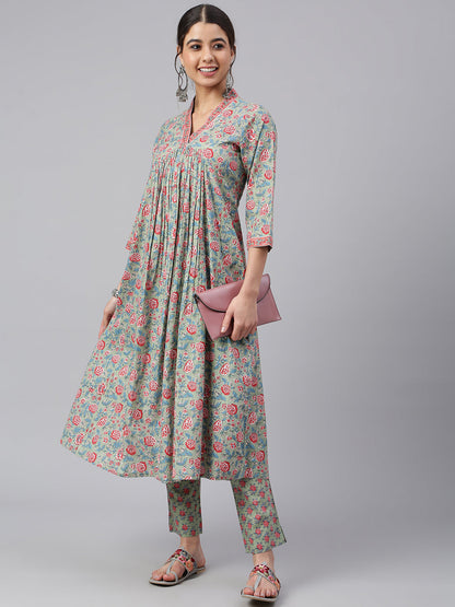Sea Green Cotton Floral Print Kurta with Pant Janasya