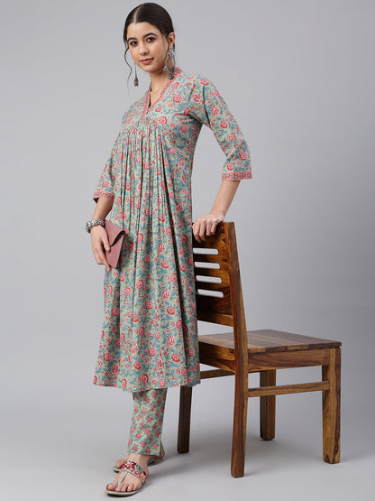 Sea Green Cotton Floral Print Kurta with Pant Janasya