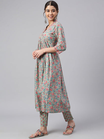 Sea Green Cotton Floral Print Kurta with Pant Janasya