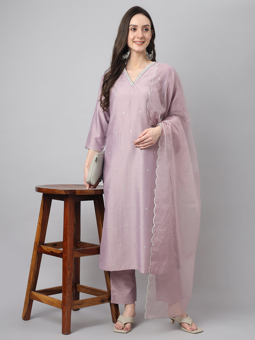 Women's Lavender Chinon Embellished Kurta with Pant and Dupatta Janasya